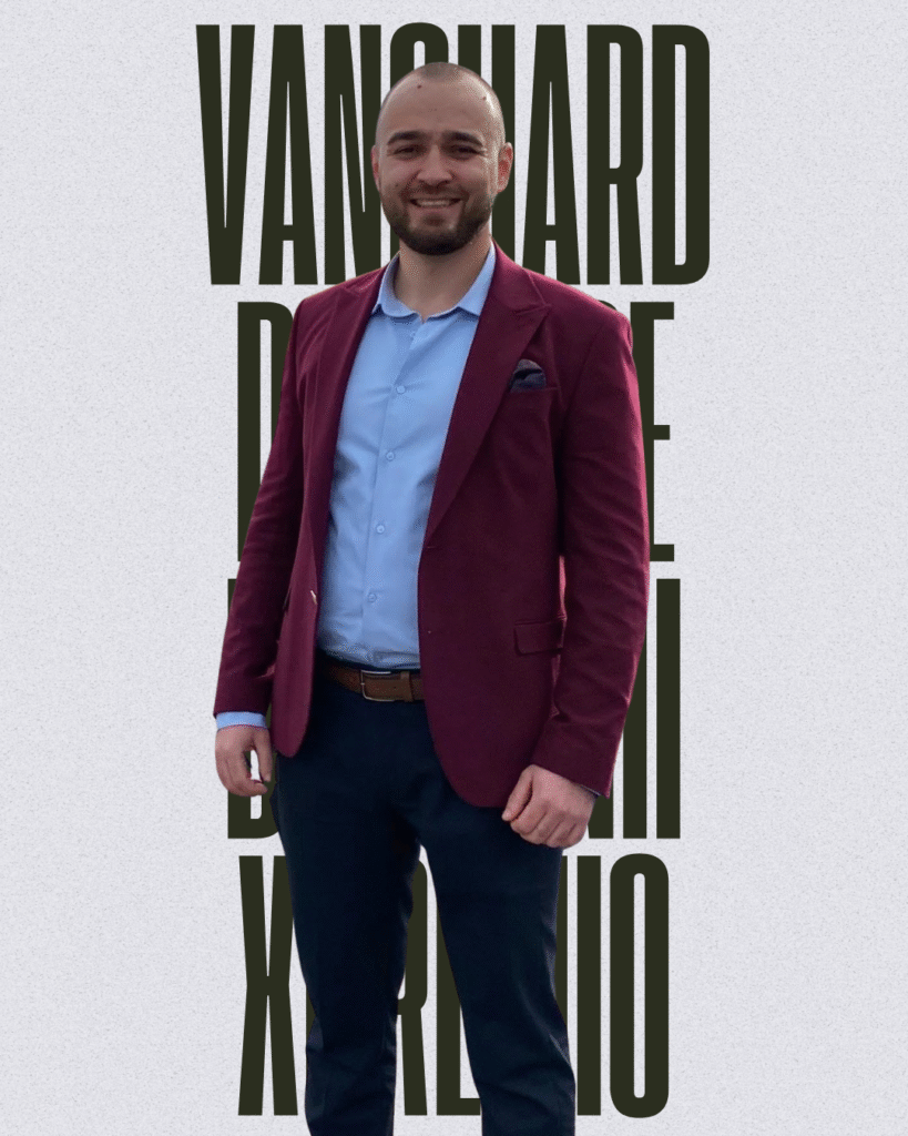 George Cosmin Burlacu in professional portrait wearing maroon blazer, light blue shirt, pocket square, and dark pants, overlaid with bold Vanguard Prestige and Dragonii text on blue and black design, business headshot for reputation management leader.